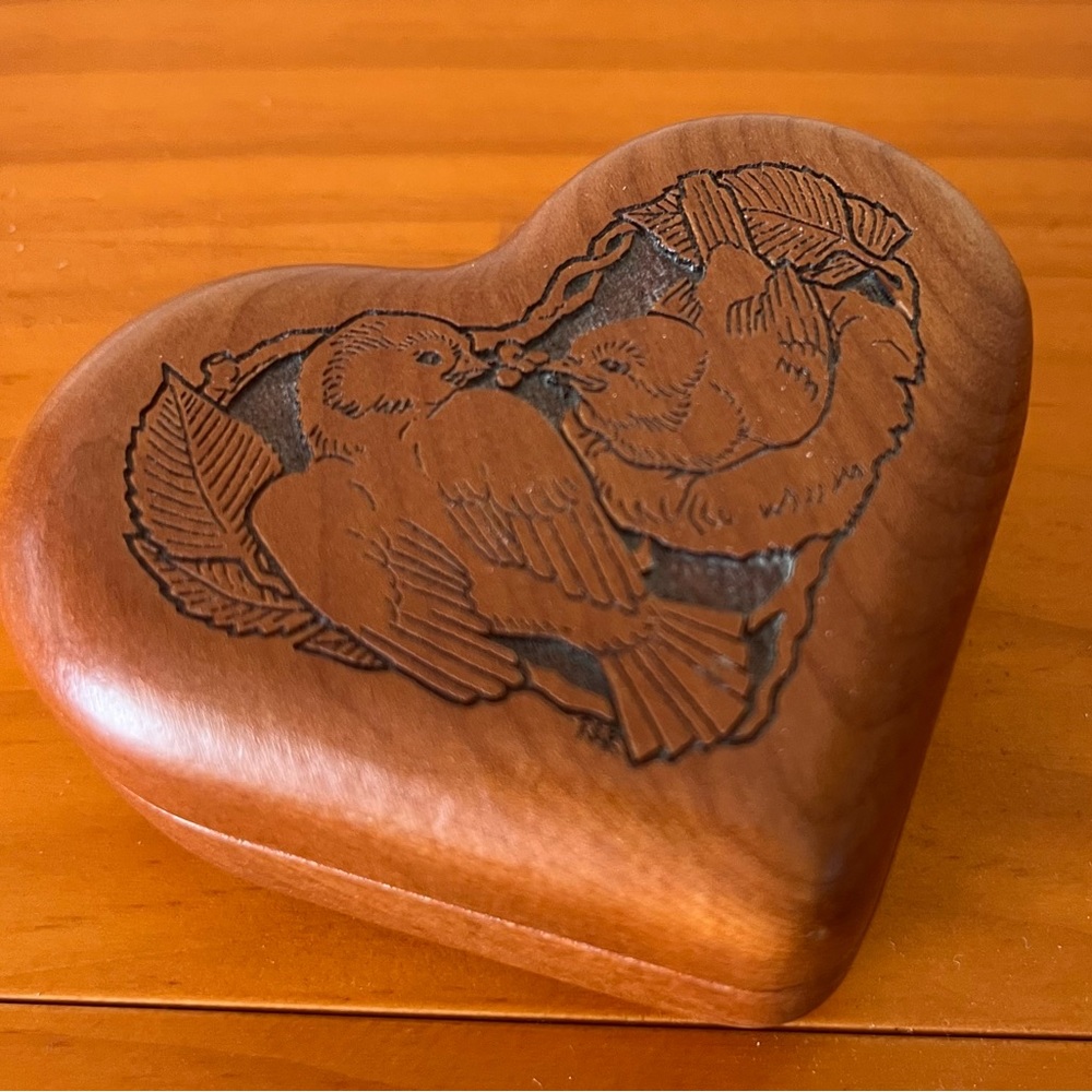 Vintage Heart Shaped Carved Wooden Music Box